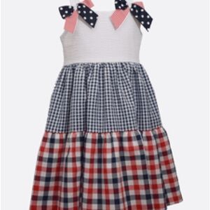 Bonnie Baby Navy, Red & White Gingham Tiered Dress with Polka Dot Bows 0-3 Month